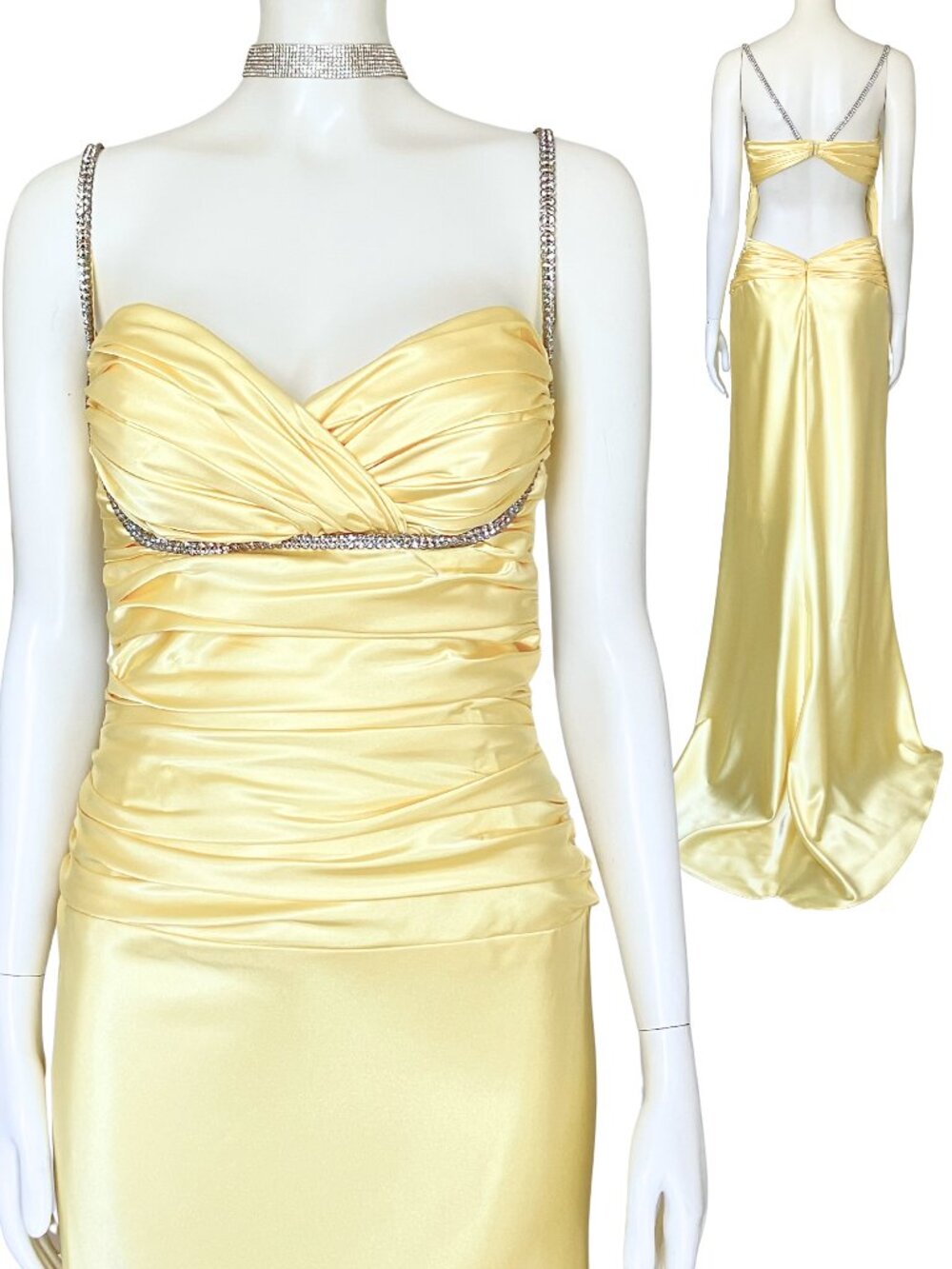 Vintage Y2K Butter Yellow Satin Rhinestone Open Back Prom Dress. S/M. Formal